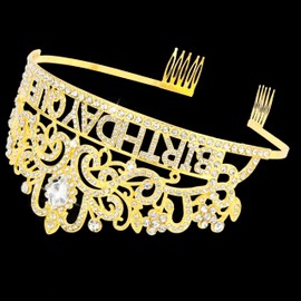 TIHEBAX Birthday Crown, Gold Birthday Queen Crowns and Tiaras for Women Rhinestone Crystal Birthday Crowns for Girls Happy Birthday Decorations Hair Accessories Party Favors