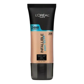 Base de maquillaje L'Oréal Paris Infallible Pro-Glow Liquid Foundation, tono 206, beige brillante, 30 ml