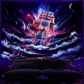 Leofanger Blacklight Galaxy Tapestry Trippy Planet Tapestry UV Reactive Neon Ocean Wave Octopus Wall Tapestry Great Wave Tapestry Starry Sky Tapaestry Wall Hanging for Home Decor(51.2"x59.1")
