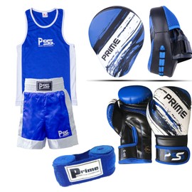 PRIME KIDS BOXING SET UNIFORM BLUE TOP/SHORT 3-14 YEARS + FOCUS PAD 1106 BLUE KIDS BOXING GLOVES 1012 BLUE 6-OZ (Focus Pad 1106, Uniform 11-12 Years) SET-14