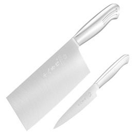 SHI BA ZI ZUO Meat Cleaver Set, 2PCS Professional Butcher Knife Fruit Knife with Stainless Steel Handle