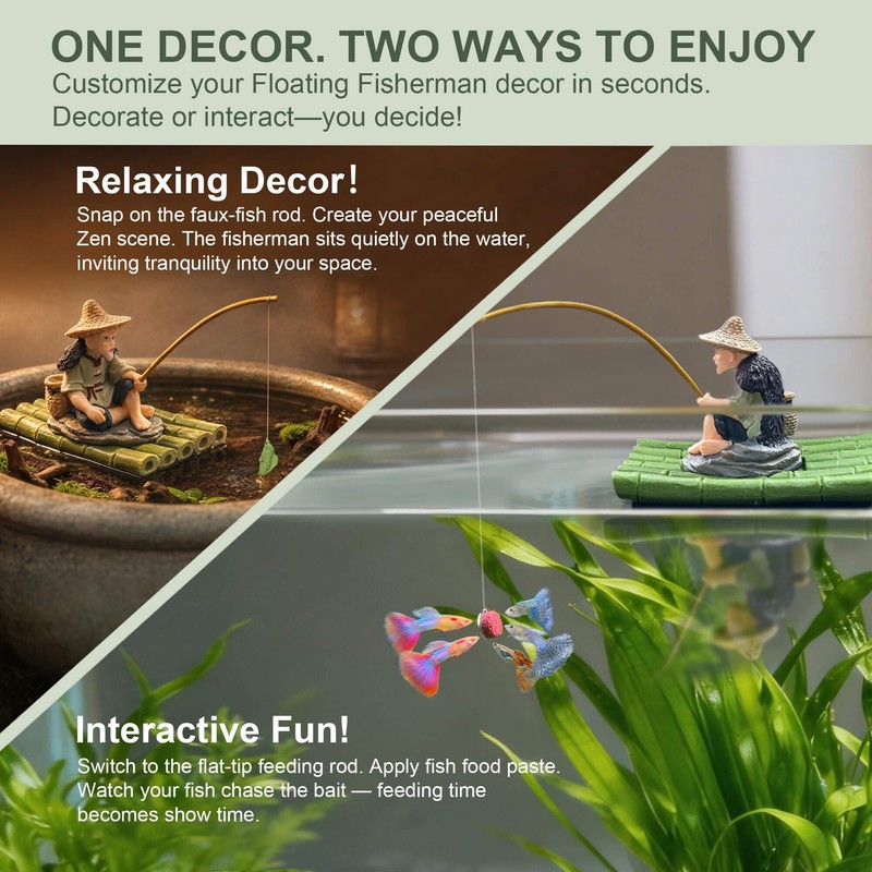 BaoZqua 2-in-1 Floating Aquarium Decor, Interactive Floating Fish Tank Fisherman
