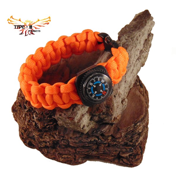 (Orange, 9.5" Wrist) Type-III 7 Strand 550 Paracord Bracelet w/Compass in Solid Colors