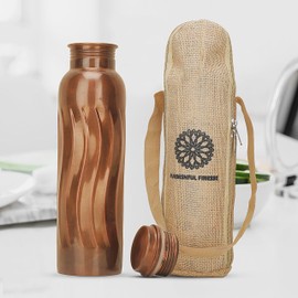 Pure Copper Water Bottle with Ayurvedic Benefits, Copper Bottle with Bag for Drinking and Drinking, Leak-proof Lid, Large, Handmade Copper Water Vessel for Travel,