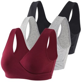 KUCI Maternity Nursing Bra Wireless Cotton Breastfeeding Bra for Sleep (Black+Grey+Red Wine/3Pack, M)