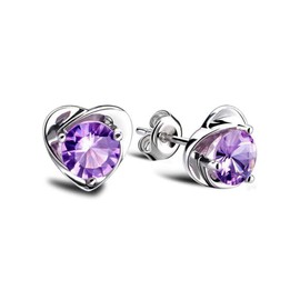 Salanda 925 Sterling Silver Crystal CZ Stud Earrings,Amethyst Heart Shaped Earrings Studs, Cute Creative Cubic Zirconia Earrings Studs Female Jewelry Girl Gift, mm, Silver, No Gemstone