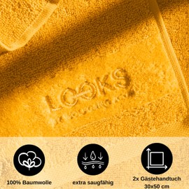 LOOKS By Wolfgang Joop 2 x Guest Towels, 30 x 50 cm, 100% Cotton, Guest Towels with Hanger and Logo Embroidery, Yellow