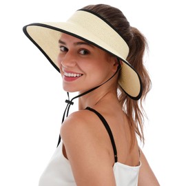 Simplicity Sunhat Women UV Protection Sun Hat Womens Straw Hat Visor Women Wide Brim Visor Hats for Women Sun Visor Straw Hats for Women, Mix Beige