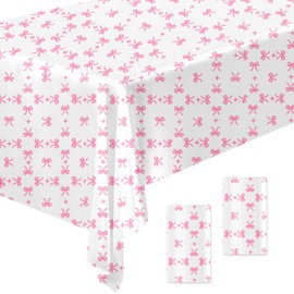 2 Pcs Pink Bow Table Cloth Rectangle Table Party Supplies Bow Theme Disposable Plastic Table Covers Waterproof Coquette Birthday Decorations for Women Girls Bridal Baby Shower Bachelorette Party Decor