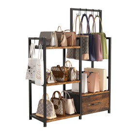 WCBSQX 3-Tier Purse Rack Stand with Pull-Out Drawer & 6 Adjustable Hooks, Heavy-Duty Purse Display Shelf and Closet Organizer, Iron and Wood Floor Standing Storage for Bedroom, Entryway (Rustic Brown)