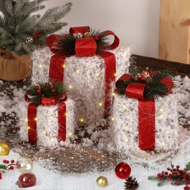 GarveeLife Lighted Gift Boxes Christmas Decoration, Set of 3 Light Up White Christmas Boxes Battery Operated Xmas Present Boxes with Red Ribbons 60 Led Lights for Indoor Outdoor Home Decor