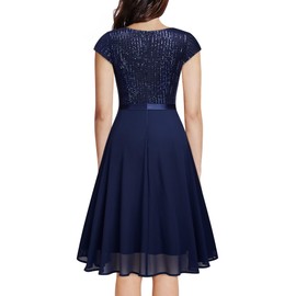 MISSMAY Women's Elegant Glitter Sequins Ruffles Trim Wedding Guest Cocktail Party Fit and Flared Swing Dress (XX-Large, Navy Blue)