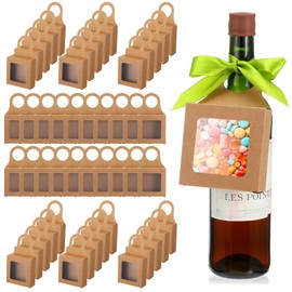 50 Pieces Kraft Paper Wine Bottle Box with Window Hanging Foldable Wine Boxes Gift Boxes Empty Wine Bottles for Decor Bottle Hanger Favor Box for holding Candy Truffles Chocolate Cookies (Kraft)