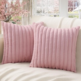 Pallene Faux Fur Plush Throw Pillow Covers 18x18 Set of 2 - Luxury Soft Fluffy Striped Decorative Pillow Covers for Sofa, Couch, Living Room - Blush Pink