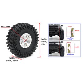 HOBBYSOUL RC 64mm Tall 1.0 beadlock wheels tires, 1.0 Tires Tyres & Metal 1.0 wheels +1mm & -3mm offset Rims Silver For RC Mini Crawler Trail 1/24 SCX24 FMS24 FCX24 1/18 TRX4M