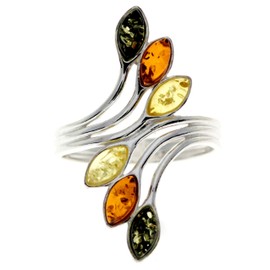 Silver Amber Jewellery - 925 Sterling Silver and Mix Baltic Amber Multi Stone Designer Ring - UK Rng Size L - M464ML