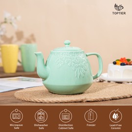 Toptier Leaf Teapot, Porcelain Tea Pot with Infuser and Lid, Blooming & Loose Leaf Ceramic Teapot, 37 Ounce, Light Green