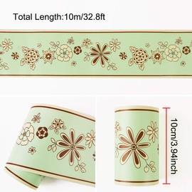 sourcing map Wall Paper Border Self Stick Wall Covering PVC Floor Borders for Kitchen Bathroom Bedroom Wall Decor Paper, Peach Flower Pattern Green Brown, 3.94 Inch by 32.8 feet