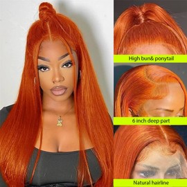YFFSSJFC 22Inch Orange Lace Front Wigs Human Hair 13x6 HD Straight Lace Front Wigs 180% Density Colored Human Hair Wigs for Women Pre Plucked with Baby Hair