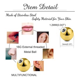 Besyvvin 25pcs Piercing Balls 1.2mm Gold Replacement Screw Balls 3mm for Lip Septum Eyebrow Piercing Stainless Steel