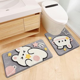 Tyrafry Cute U-Shaped Toilet Rug, Ultra Soft Microfiber Bathroom Rug Non Slip Toilet Mat Water Absorbent Rug for Bathroom Floor Machine Washable Shower Rug, 19.6 x 21.6 Inches, Star