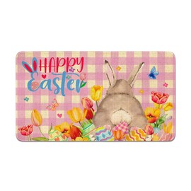 Easter Door Mat 30" X 17" Happy Easter Doormat with Bunny Eggs Tulips Holiday Creative Decorative Seasonal Burlap Welcome Floor Mat for Outdoor/Indoor