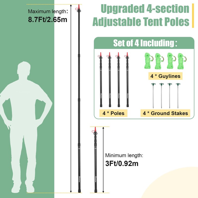 Dreamtrue Tarp Poles Telescoping, Upgraded 4-Section Adjustable Tent Poles, Heavy