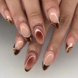 MISUD Fall Press on Nails Almond Medium Fake Nails Glossy Glue on Nails Brown Chrome French Tip Acrylic Nails Stiletto Artificial Nails Ombre Stick on False Nails with Design 24 pcs