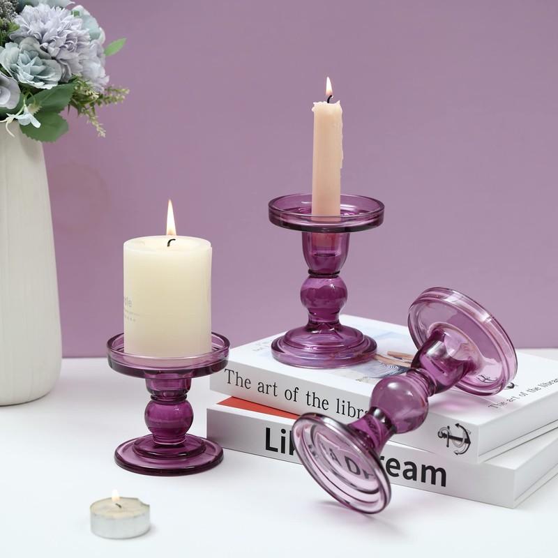 GMWD 3 Pcs Glass Candle Holder Set Clear, Purple Candlesticks