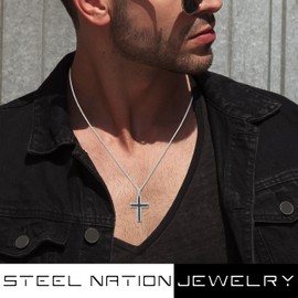 STEEL NATION JEWELRY Black Cubic Zirconia and Stainless Steel Cross Pendant on 24" Twisted Curb Chain Necklace