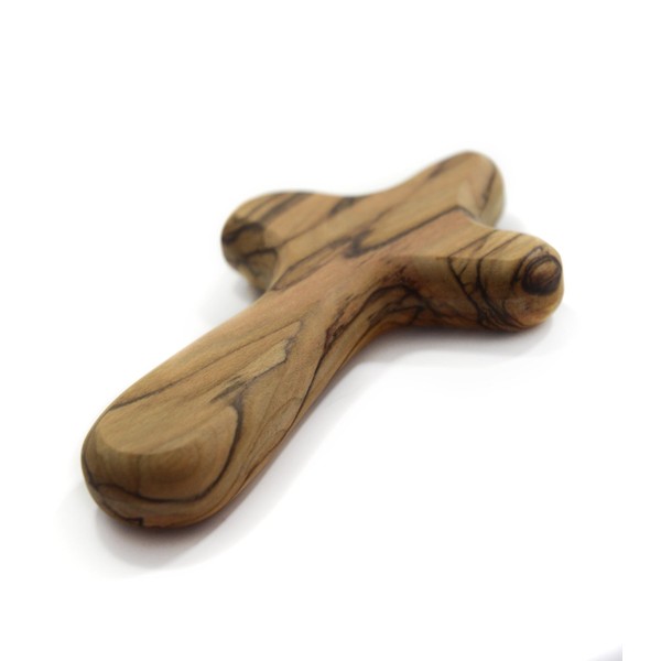 10 CM Handmade in Bethlehem Handcrafted Olive Wood Crucifix - Comfort Holding Pocket Palm Worry Handheld Wooden Cross in Pouch - Ideal Christian Prayer Cross for Men & Women