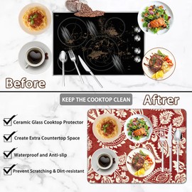 Electric Stove Top Cover,Red Indian Floral Heat Resistant Rubber Glass Ceramic Stovetop Protector Mat, Rubber Dish Drying Mat 28.5'' x 20.5''