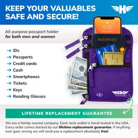 HERO Neck Wallet – RFID Blocking Passport Holder – Easy to Conceal Travel Pouch, Purple, Rfid Wallet