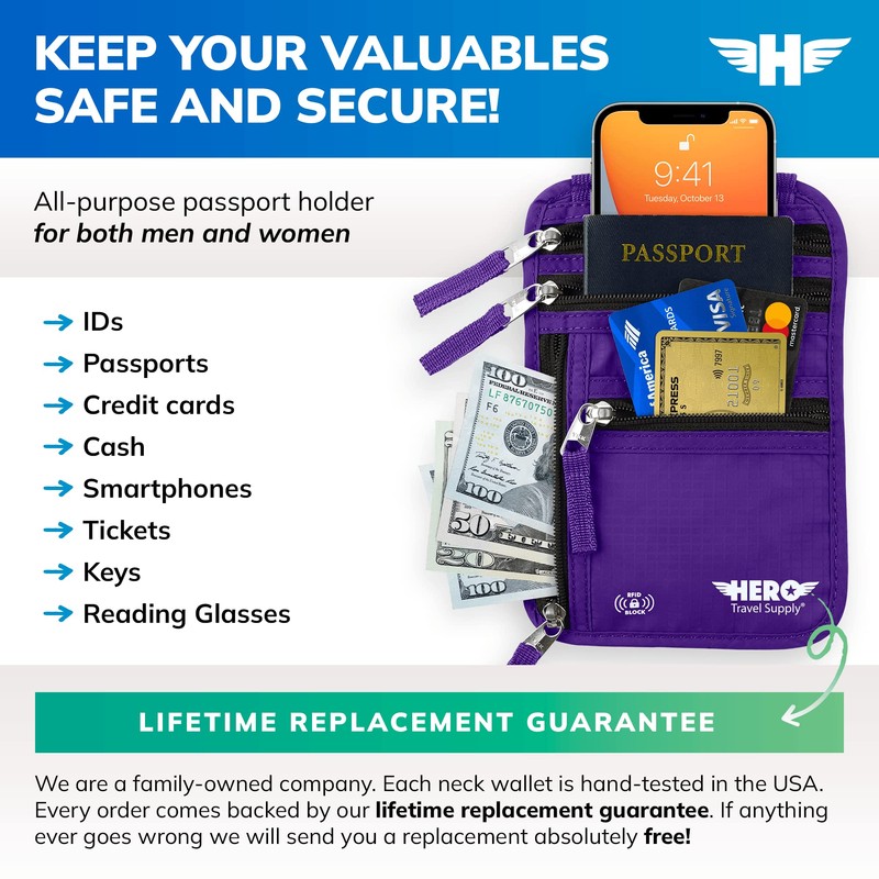 HERO Neck Wallet – RFID Blocking Passport Holder – Easy