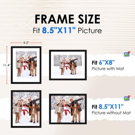 FIXSMITH 8.5x11 Picture Frame Set of 2, Photo Frame with HD Plexiglass, Display Pictures 6x8 with Mat or 8.5x11 Without Mat, Black Picture Frames Collage Wall Decor, Gallery Wall Frame
