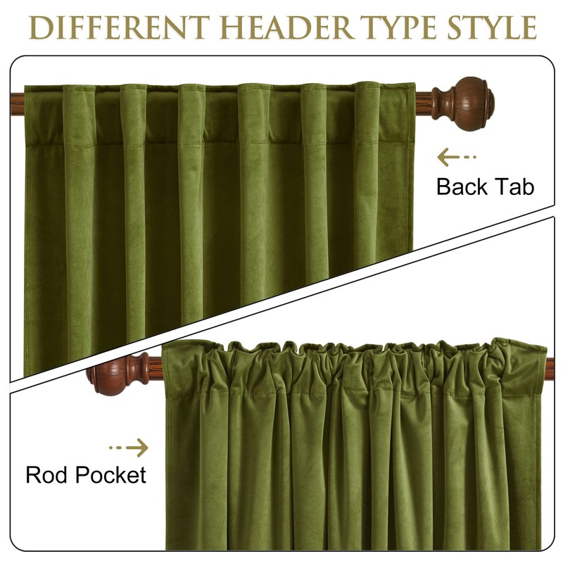 StangH Olive Green Velvet Curtains for Bedroom, Back Tab Light