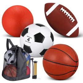 Deekin 4 Pcs Sport Balls Set for Kids Teens, Include Size 5 Basketball Size 4 Soccer Size 6 Football Playground Ball and Pump, Sports Equipment Bag Christmas Sport Gift for Kids (Normal Color)