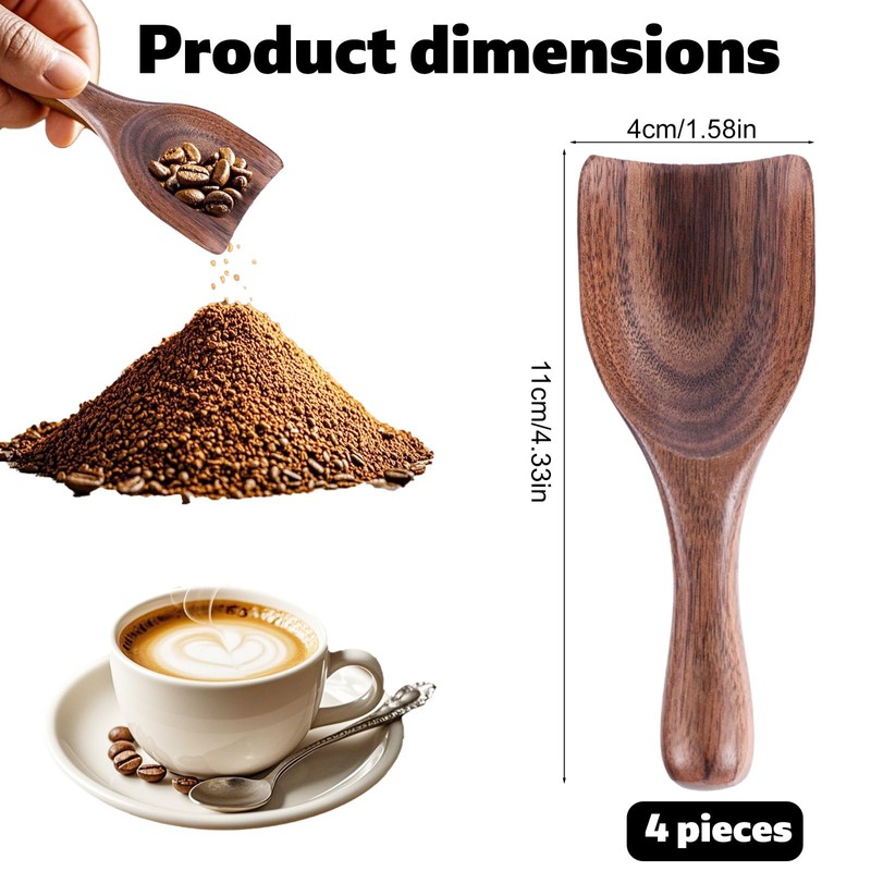 Gosknor 4pcs Wooden Scoops for Jars, 4.33x1.58 Inch Coffee Bean