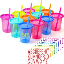 Sawysine 12 Pieces Kids Cups with Straws and Lids, Tumbler Cups Bulk Plastic Cups for Toddlers Reusable Spill Proof Christmas Cups for Kids with Colored Alphabet Stickers