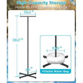 Mondazie Pool Float Holder Storage Rack, 22’’ x 63.7’’ Metal Pool Floats Organizer for Swimming Ring with Water Weight Bag, Pool Tube Floaty Stand Holders for Poolside Beach Outdoor Storage, Black