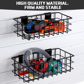 Menkxi 4 Pcs Slatwall Baskets Set Black Ventilated Metal Slatwall Baskets Multiple Sizes Hanging Storage Basket Mounted Slatwall Accessories for Garage Rooms Shops Panels Storage Display Organizing