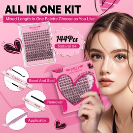 Lash Clusters Kit with 144 Pcs Individual Lashes Cluster Lashes Bond and Seal Lash Remover Eyelash Extension Kit for Beignner(Natural04-D-8-16mix)