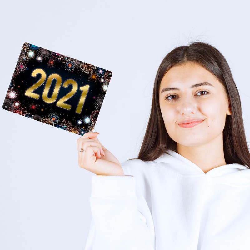 2021 New Year's Eve Metal Sign with Fireworks Motif Rocket