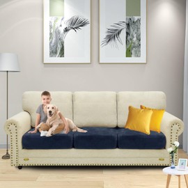 MAXIJIN Velvet Cushion Covers Stretch Fitted Plush Couch Cushion Slipcovers 3 Pack Oversized Couch Cushion Covers for Individual Cushions with Elastic Bottom (Oversized Sofa Cushion, Navy Blue)