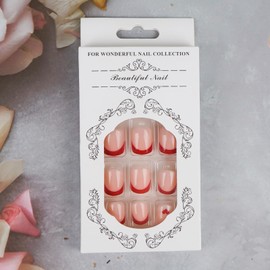 TULOBI Valentine's Day Press on Nails Short Square Fake Nails Heart Designs French Tips Nails Full Cover Acrylic False Nails Glue on Nails for Women 24Pcs/Set