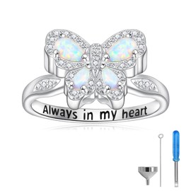 Anillos de urna de mariposa de ópalo para cenizas de seres queridos de plata de ley 925, anillos de cremación, joyería conmemorativa para mujer, Plata, Zirconia cúbica