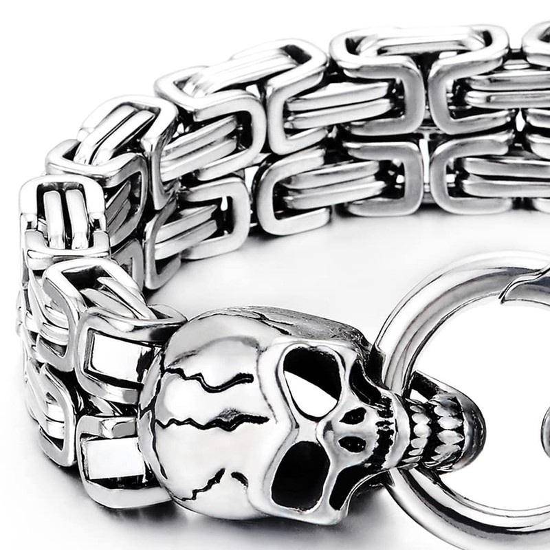 Mens Stainless Steel Two-strand Braided Byzantine Chain Bracelet with Skulls