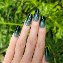 Hypnaughty 24 Pcs LUXE Black and Green Ombre Luxury Rhinestone Coffin Press on Nails with Glitter Design and Glue Long Fake Nails Black and Green Ombre Nails with Glitter and Rhinestones (LUXE)