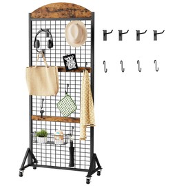 Grid Wall Panel 5.7’ x 2’ FT Grid Display Rack, Movable Gridwall Display Stand, Sturdy Floorstanding Wire Grid Rack, Rustic Brown and Black TCJ17BF