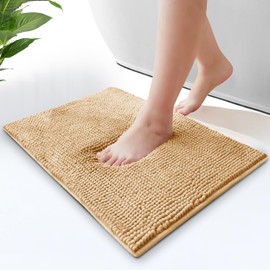 Moonlight Bedding Bath Mat Non Slip Anti Mould - Chenille Shower Mat Beige 40 x 60 cm Super Absorbent Bathroom Mat Machine Washable Extra Soft Fluffy Bathmat